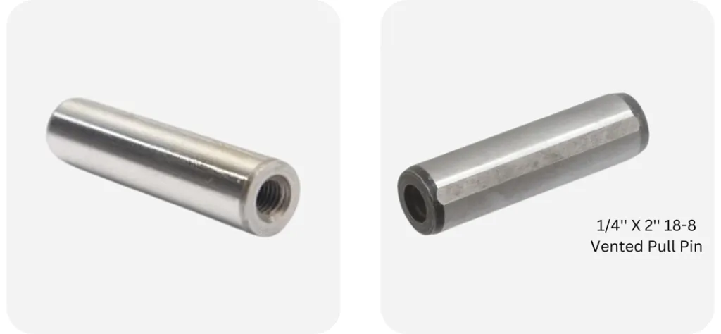 A metal pin on the left with an internal thread shown next to a vented pull pin on the right