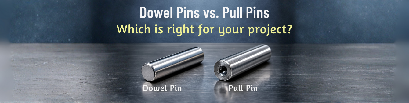 A visual comparison graphic showing a solid metal dowel pin next to a metal pull pin which has an internal thread.